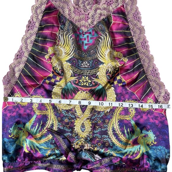 Womens Size L Silky Dragon Print Lingerie Racer Back Lace Trim Cami & Shorts Set - Picture 12 of 15